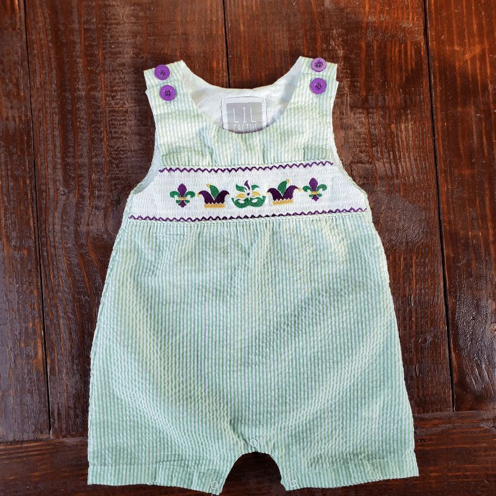 Lil Cactus Seersucker Short-Alls, 18-24 months, Mardi Gras/pinstripe